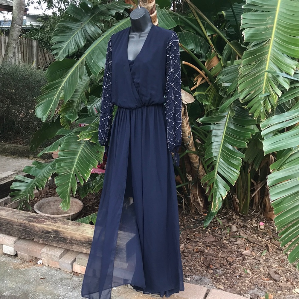 Betsy and Adam beaded sheer sleeve gown - Picture 4 of 13
